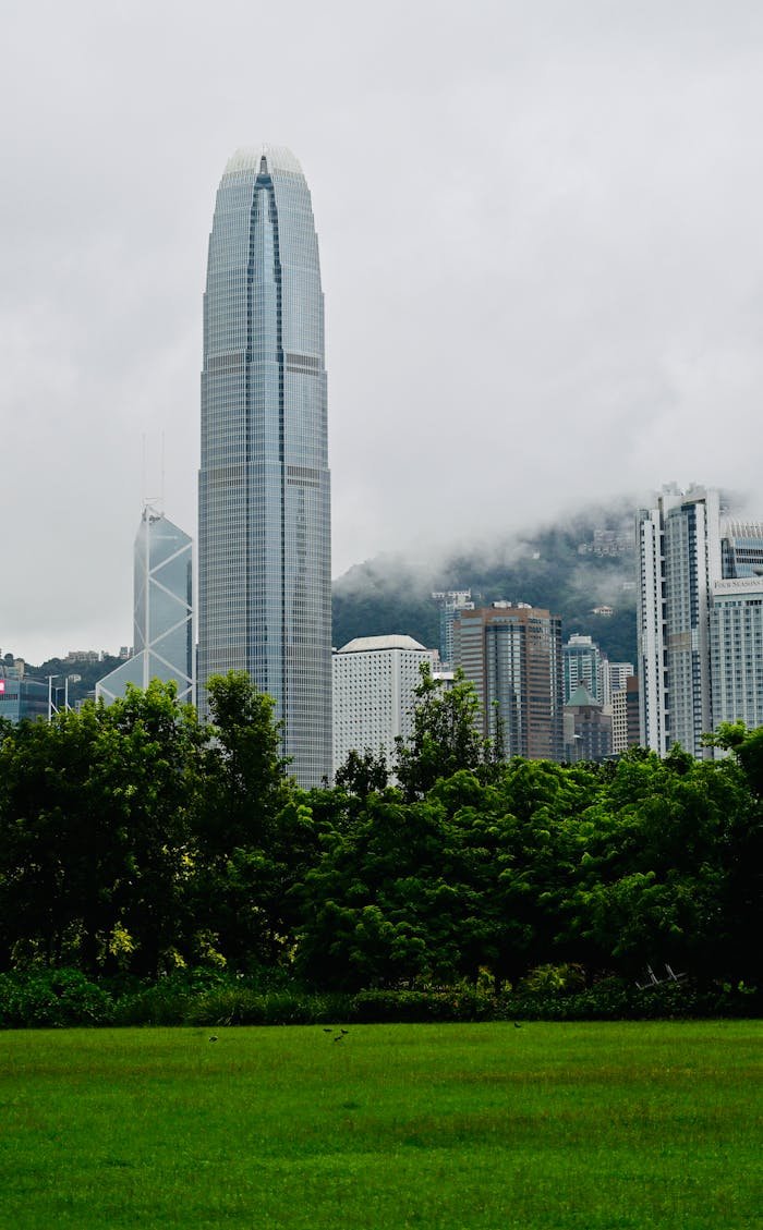 about-01 View of Hong Kong's skyline featuring tall skyscrapers amidst lush greenery under a cloudy sky.